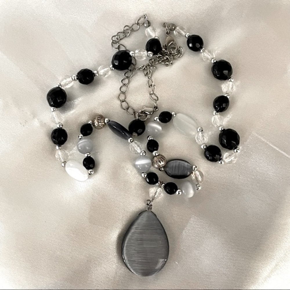 Vintage Glass Grey Pendant Black White Grey Silver Beaded Necklace